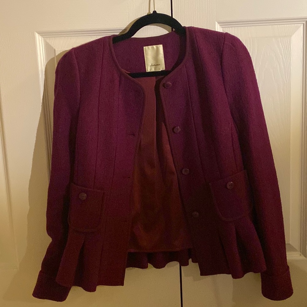 (5 for $50) Anthropologie Elevenses burgundy wool jacket, size 0